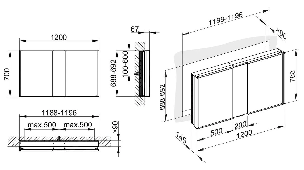 Keuco Royal Match - Spiegelschrank Mit LED-Beleuchtung, Einbaumontage, 1200x700x149 Mm, Silber Eloxiert 12814171311 - Image 2