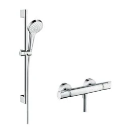 Hansgrohe Croma Select S - Duschset Vario Mit Thermostatbatterie, Duschstange 650 Mm, 3 Strahlen, Weiß / Verchromt 27013400